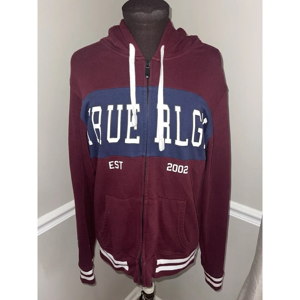True Religion Brand Jeans‎ TR ZIP MENS HOODIE Burgundy Size Large Sweatshirt